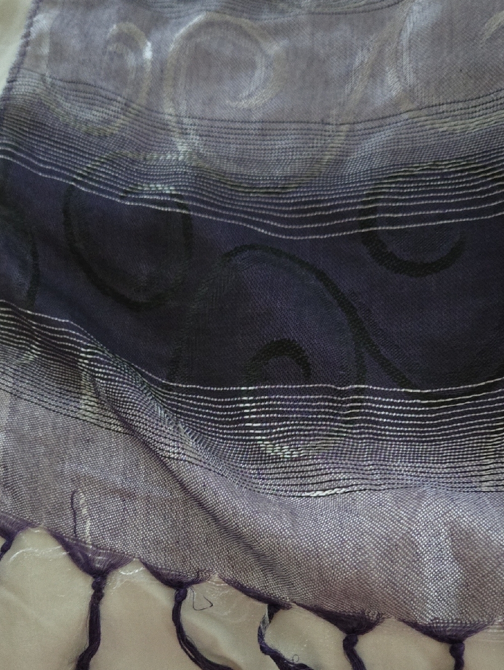 Sheer Scarf with Swirl Pattern in Deep Blue, Purple and Gray